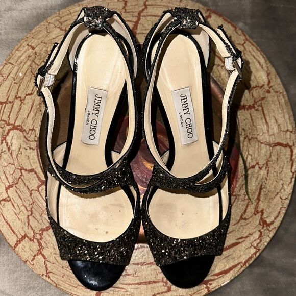 Jimmy Choo 11/41 Emily 85 Bronze Mix Midnight Coarse Glitter Heels Sandals - Picture 9 of 17